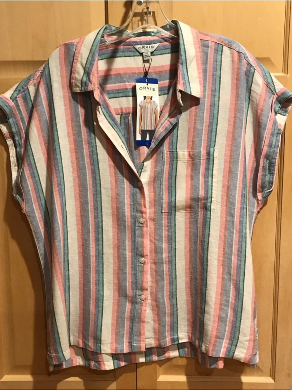 New Orvis Linen Pastel Striped Short-Sleeve Blouse
